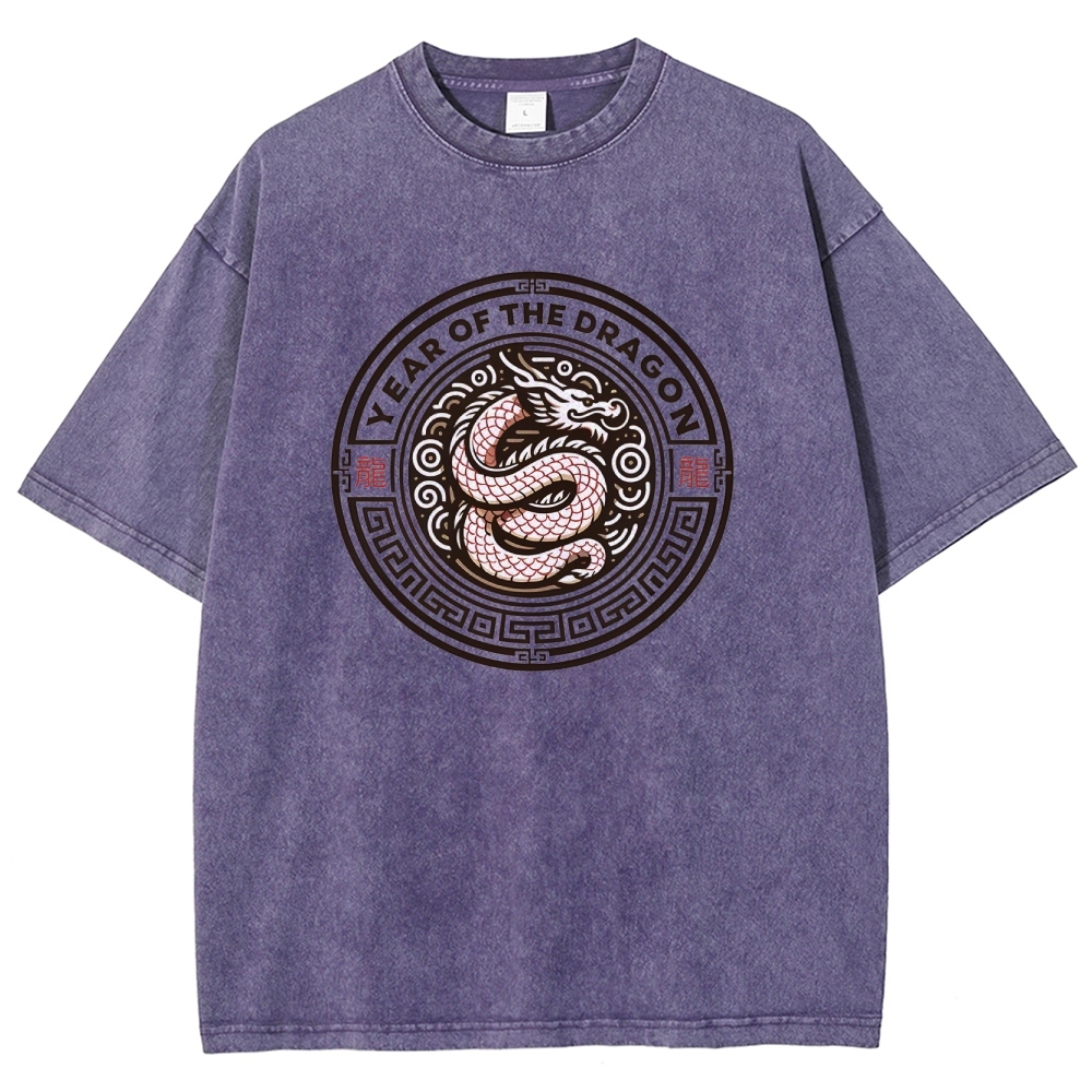 Traditional Dragon Pattern Washed Vintage Short Sleeves T-Shirt-moweekender