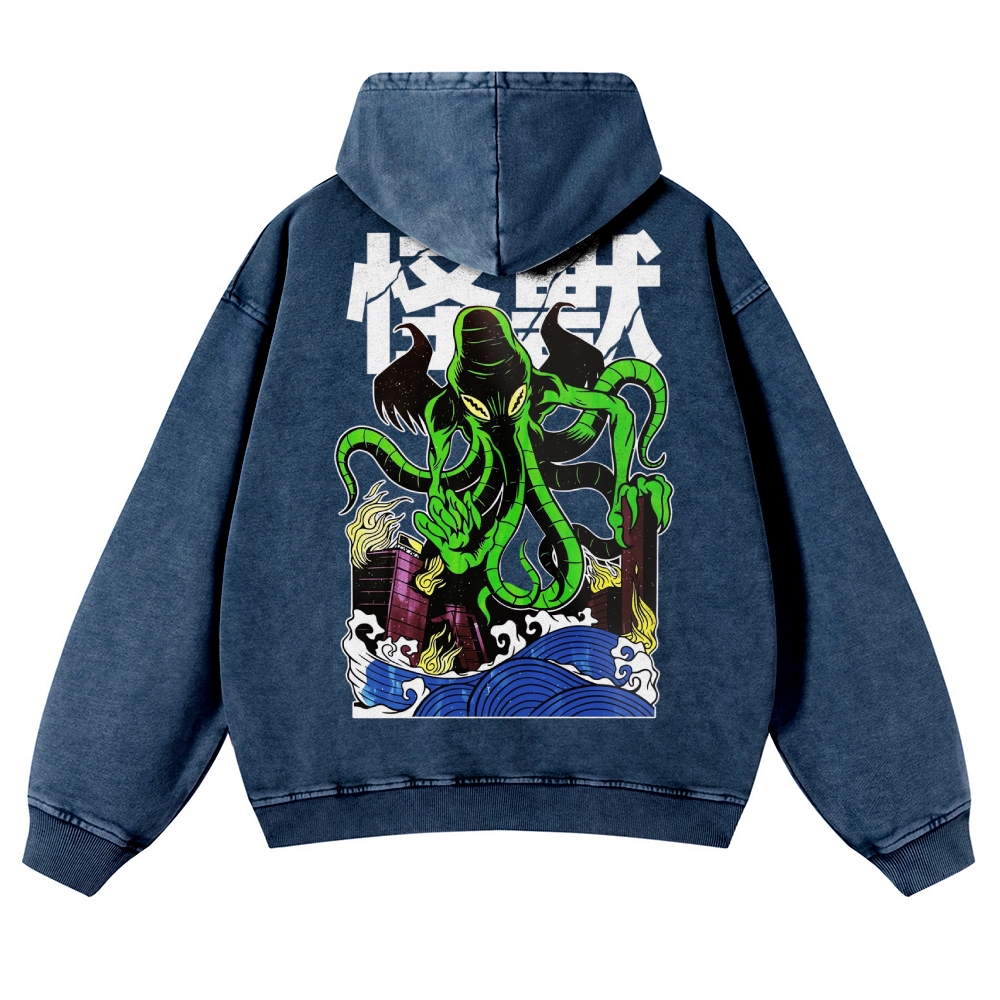 Octopus Monster Casual Vintage Washed Hoodie-moweekender