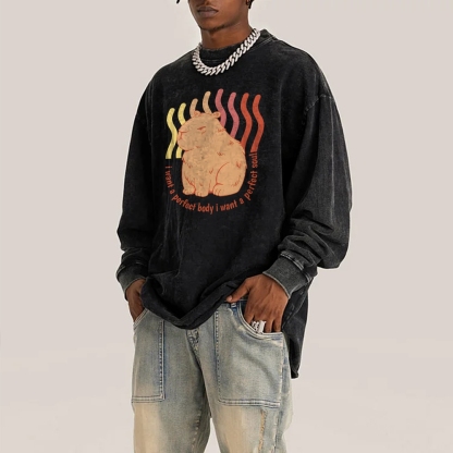 Capybara Casual Deep Washed Vintage Long Sleeves T-Shirt-moweekender