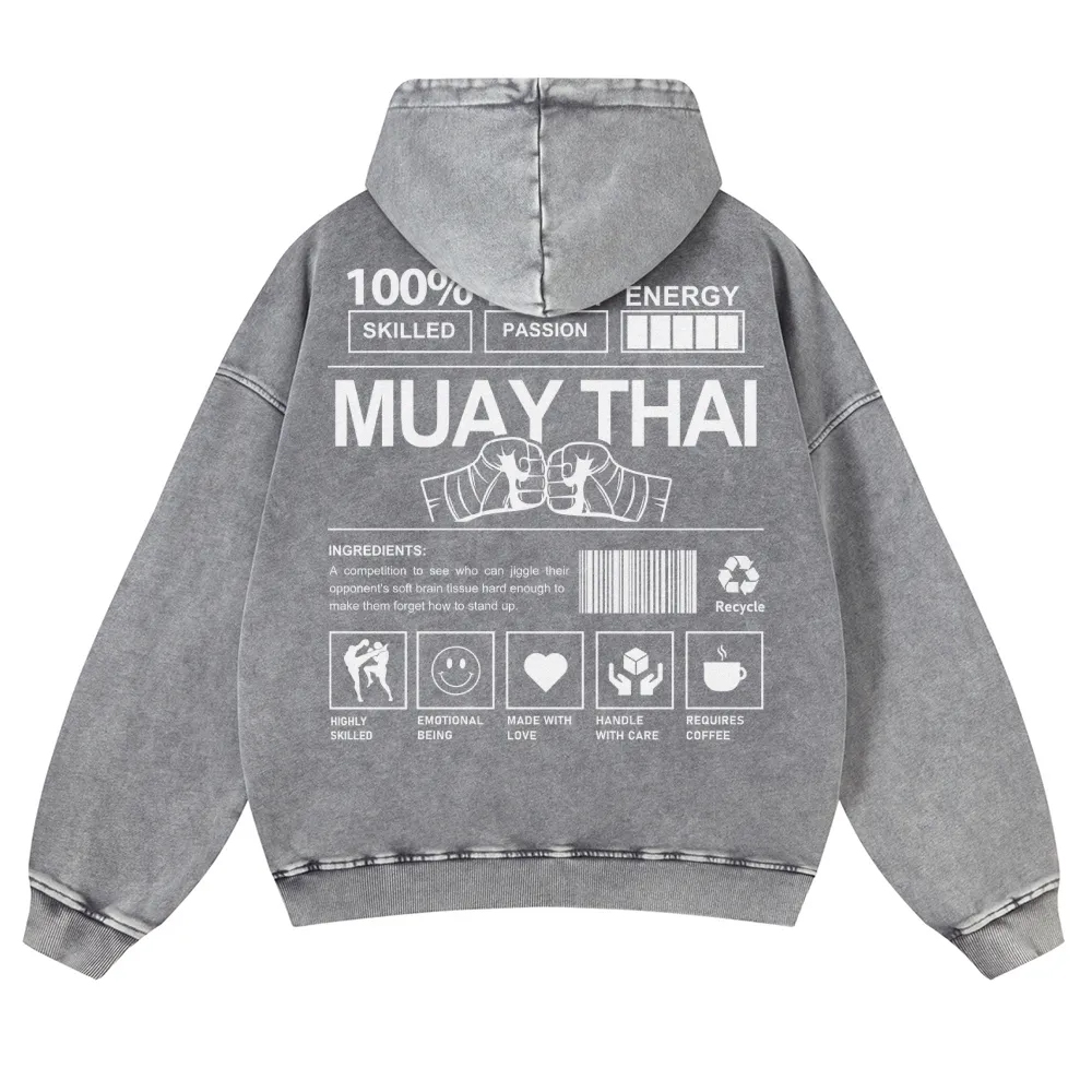 Muay Thai Printed Vintage Washed Hoodie-moweekender