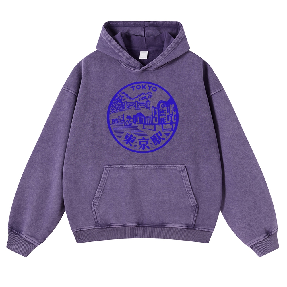 Tokyo Station Sign Vintage Washed Hoodie-moweekender