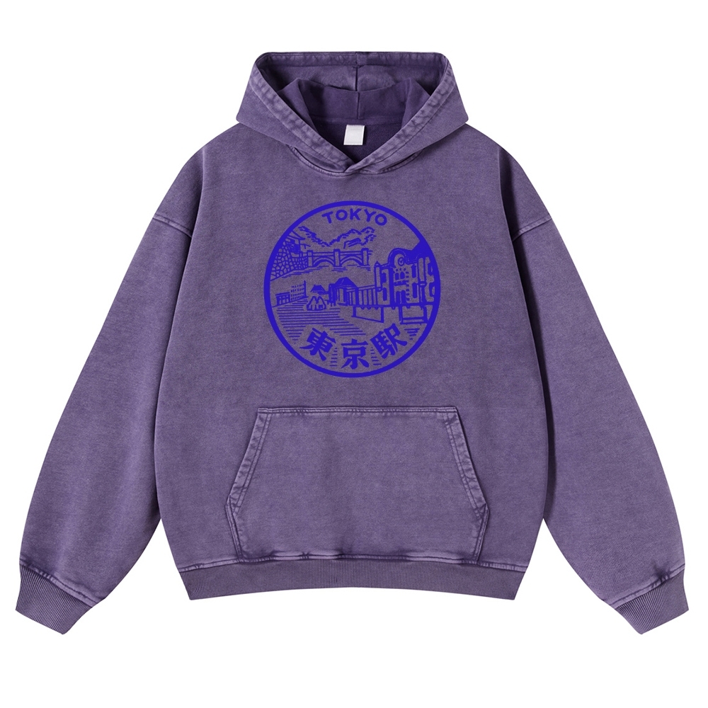 Tokyo Station Sign Vintage Washed Hoodie-moweekender
