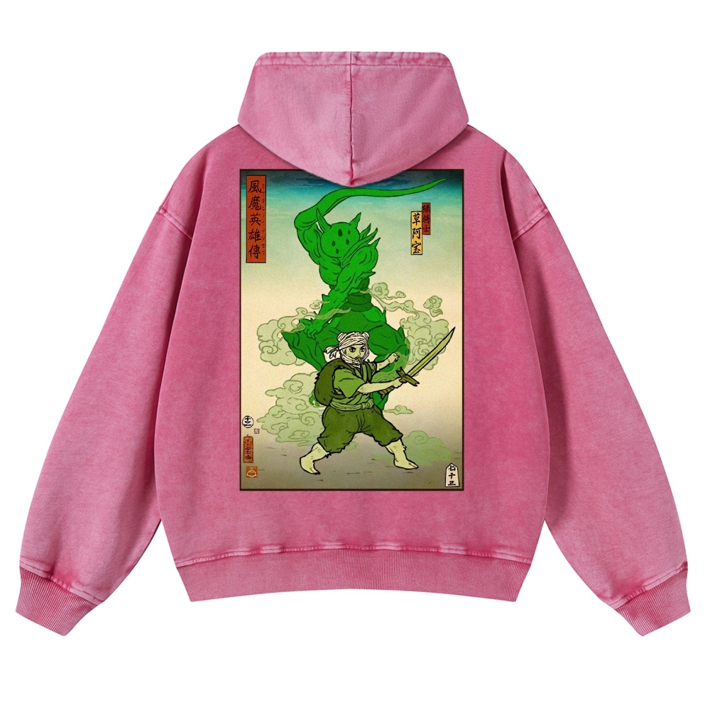 Hero Story Pattern Printed Vintage Washed Hoodie-moweekender