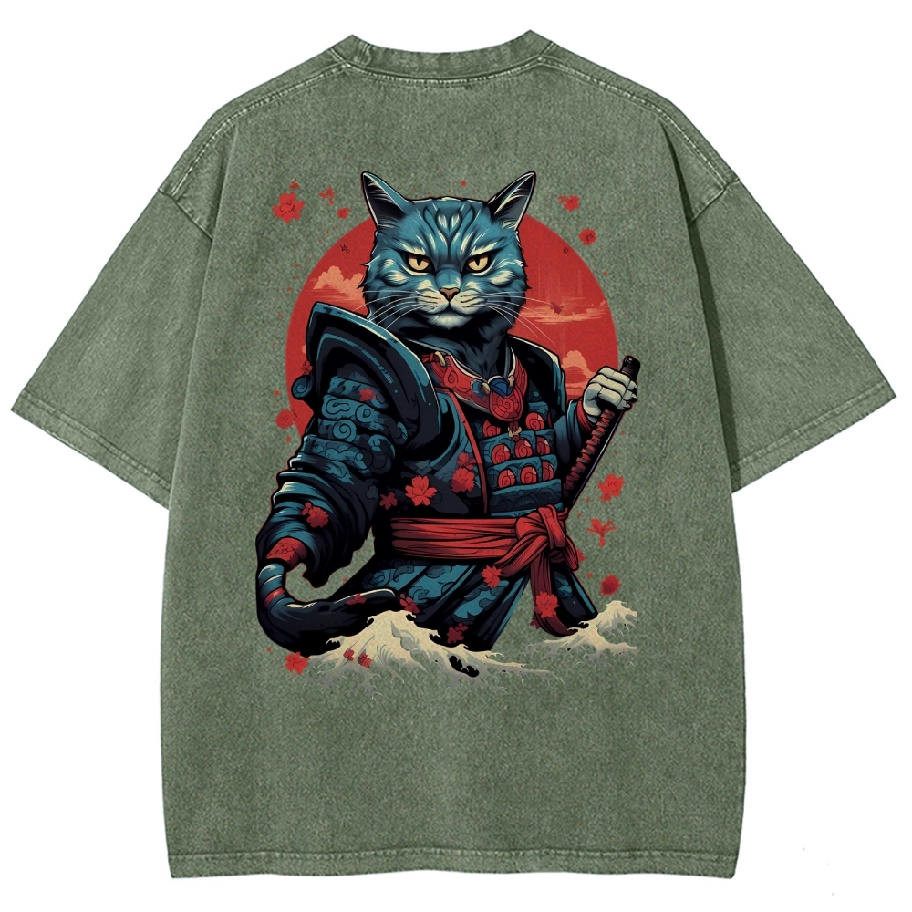 Japan Cat Warrior Washed Vintage Short Sleeves T-Shirt-moweekender