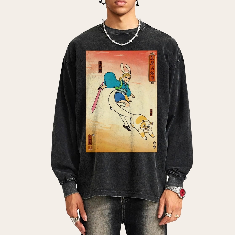 Hero Story Printed Deep Washed Vintage Long Sleeves T-Shirt-moweekender