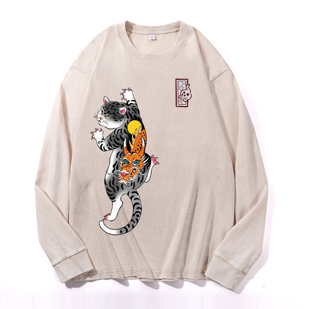 Loong Leopard Cat Pattern Deep Washed Vintage Long Sleeves T-Shirt-moweekender