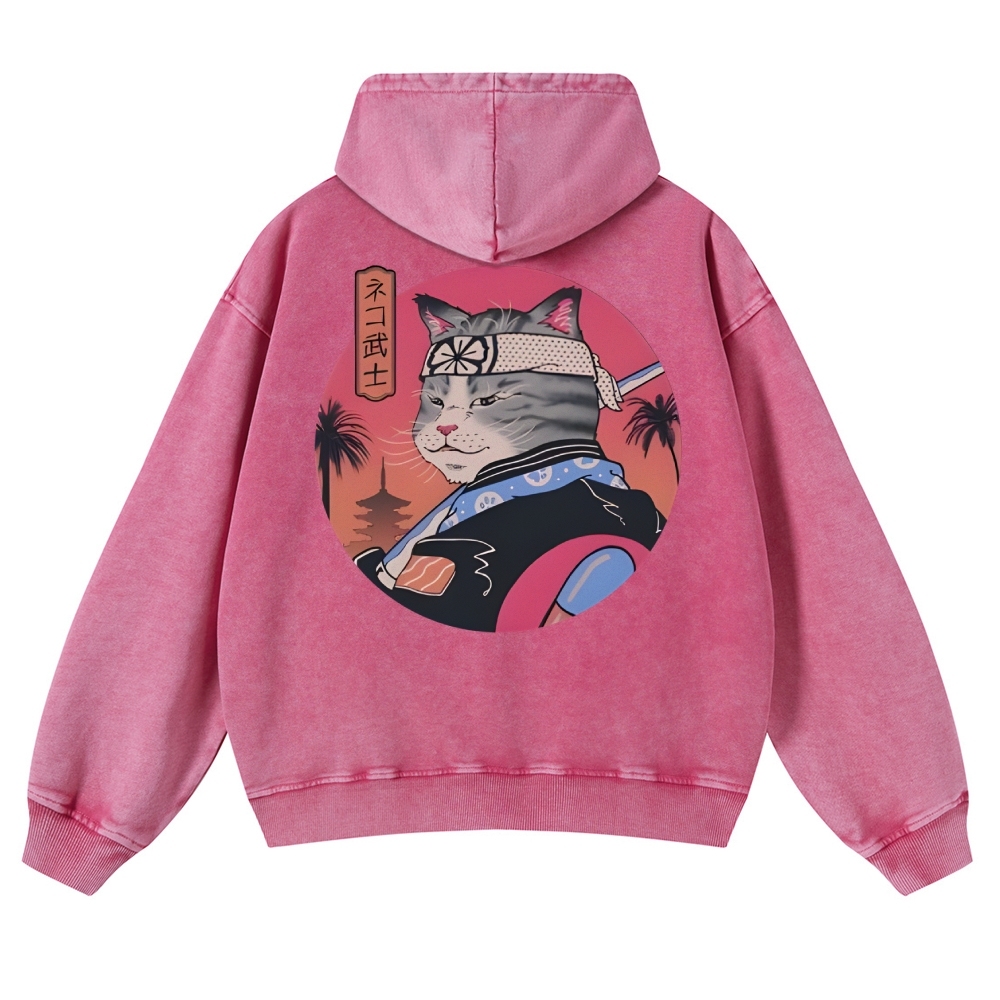 Japanese Cat Warrior Casual Vintage Washed Hoodie-moweekender