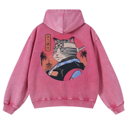 Japanese Cat Warrior Casual Vintage Washed Hoodie-moweekender