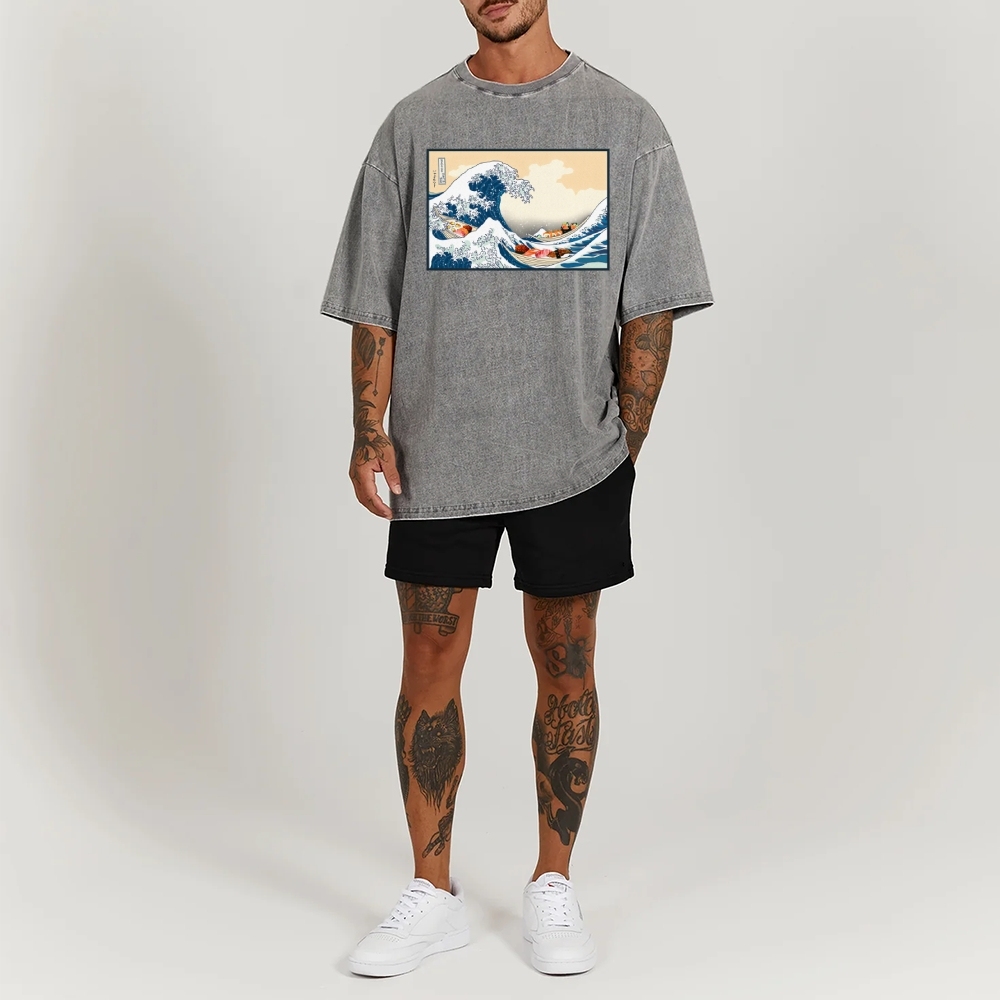 Sushi Ship Wave Ukiyoe Washed Vintage Short Sleeves T-Shirt-moweekender