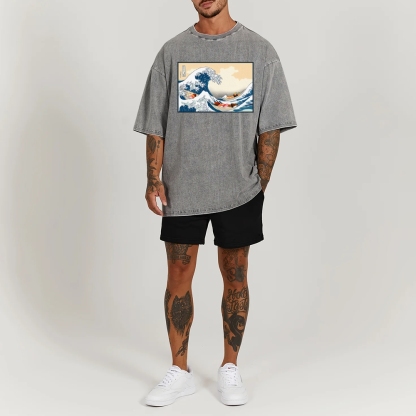 Sushi Ship Wave Ukiyoe Washed Vintage Short Sleeves T-Shirt-moweekender