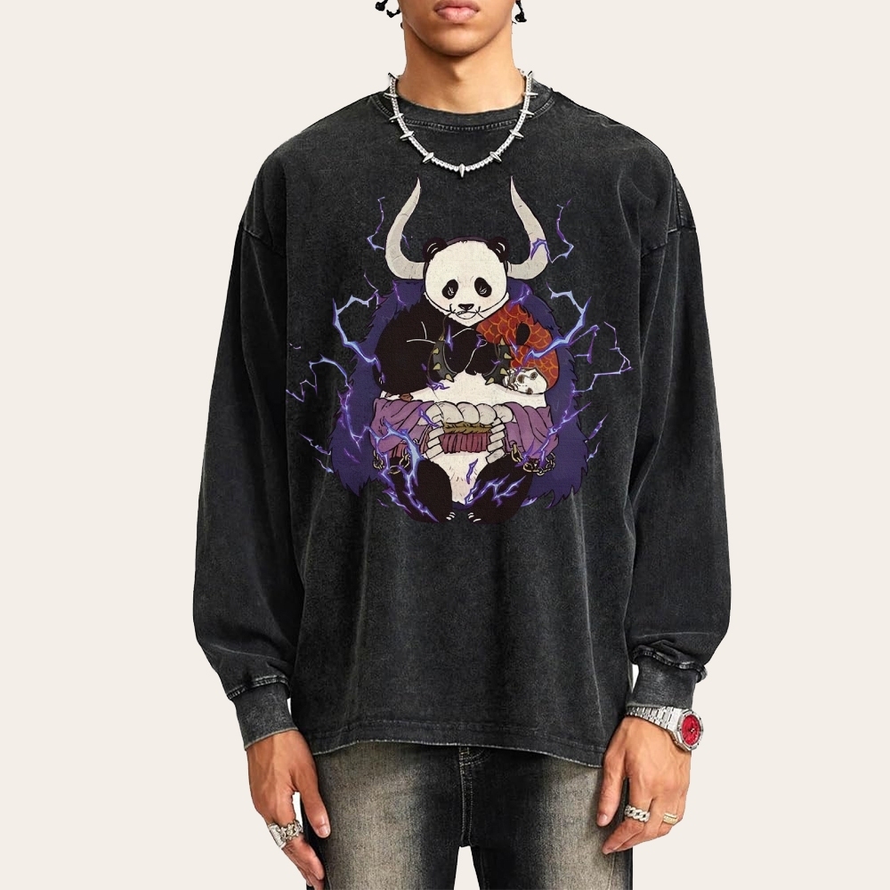 Panda Demon Pattern Deep Washed Vintage Long Sleeves T-Shirt-moweekender