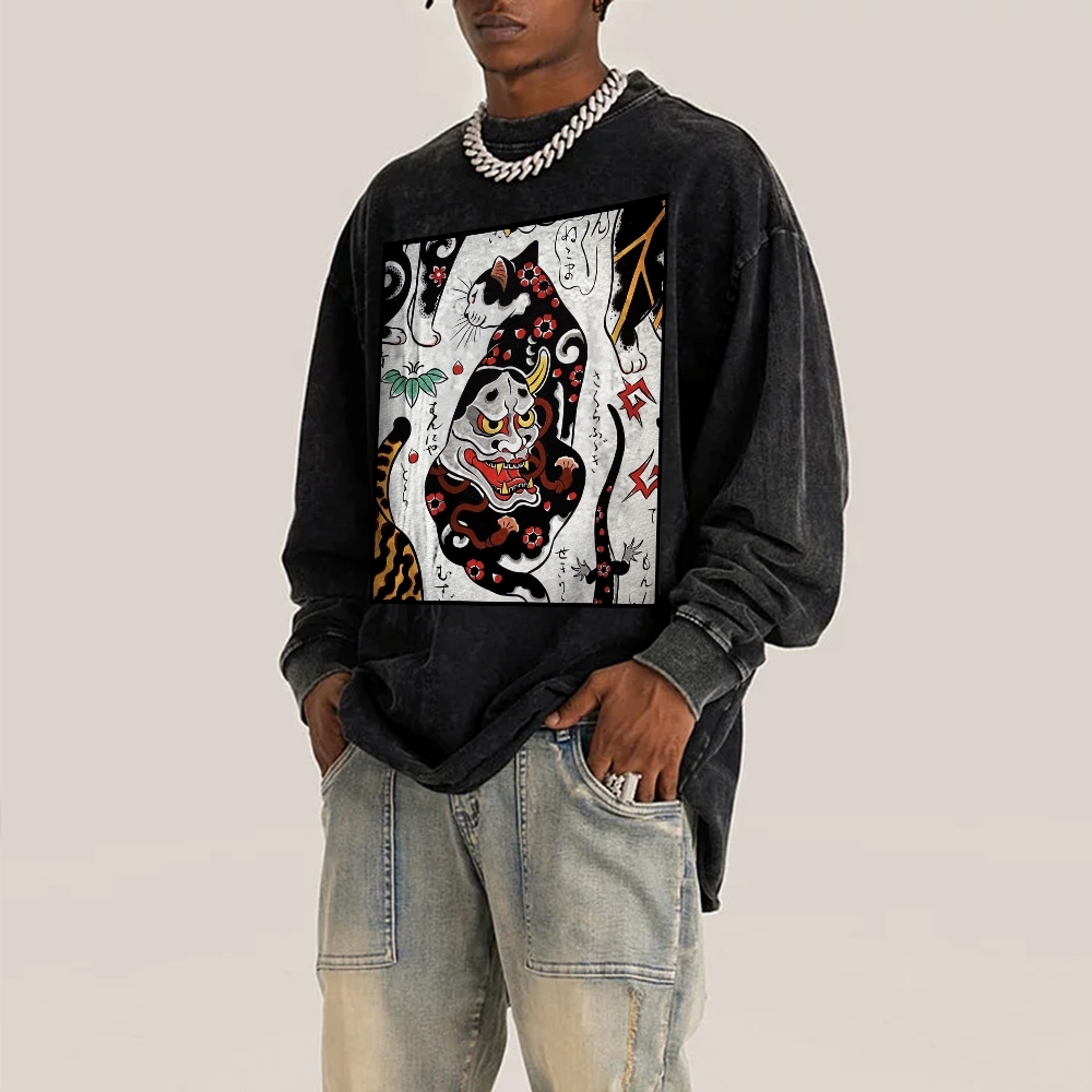 Demon Mask Tattoo Cat Deep Washed Vintage Long Sleeves T-Shirt-moweekender