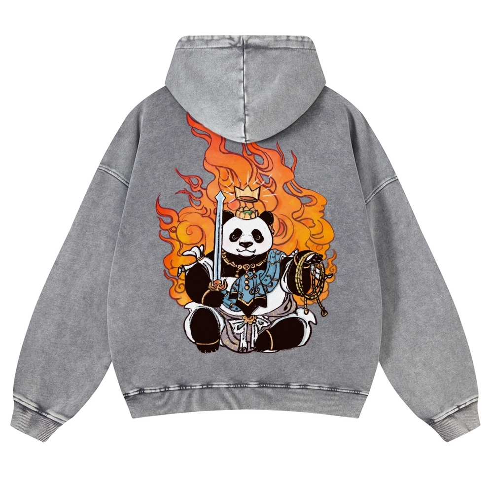 Panda King Pattern Printed Vintage Washed Hoodie-moweekender