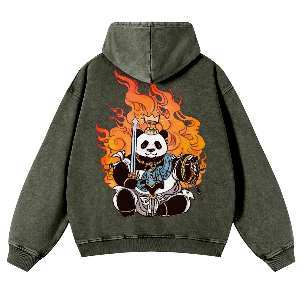 Panda King Pattern Printed Vintage Washed Hoodie-moweekender