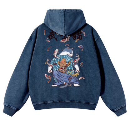 Fish Rain Tattooed Cat Vintage Washed Hoodie-moweekender