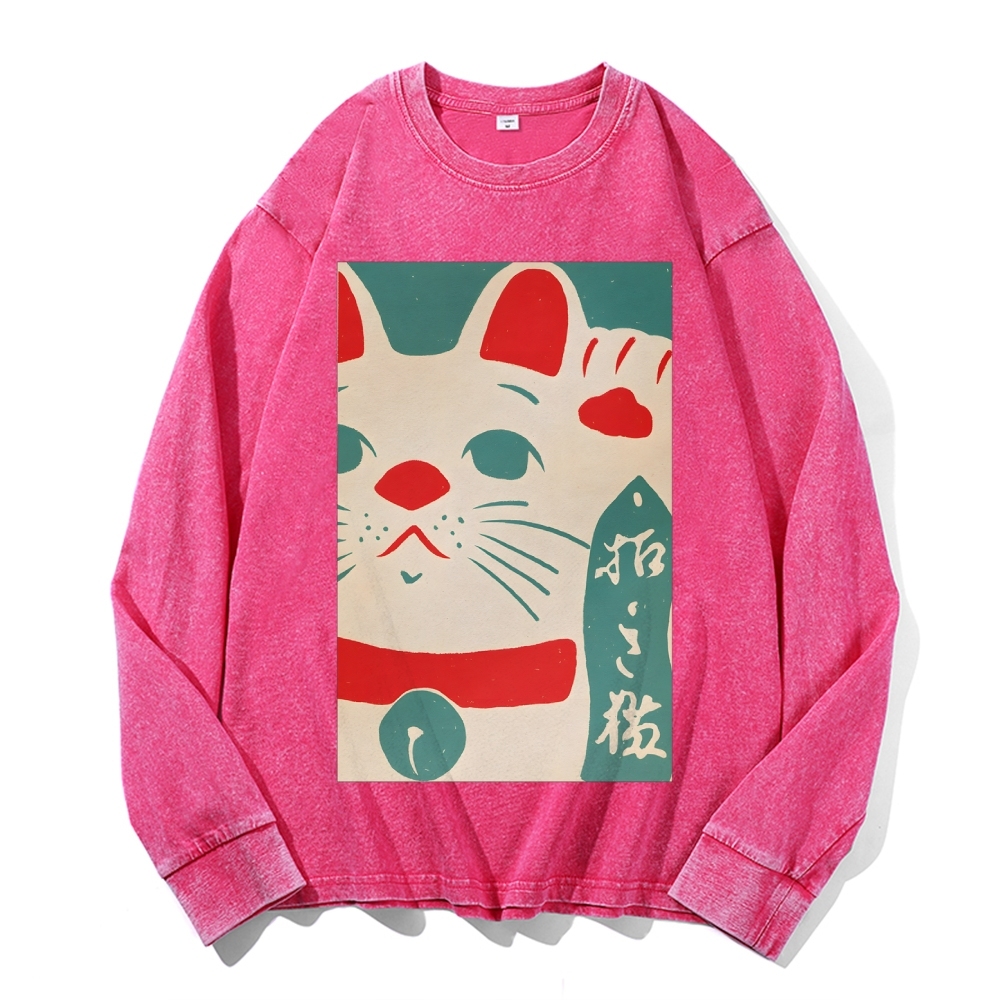 Japanese Maneki-neko Deep Washed Vintage Long Sleeves T-Shirt-moweekender