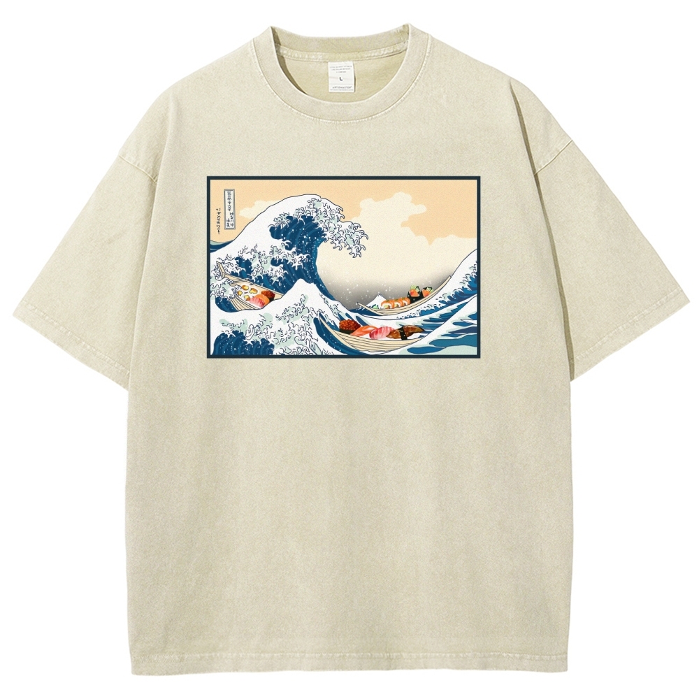 Sushi Ship Wave Ukiyoe Washed Vintage Short Sleeves T-Shirt-moweekender