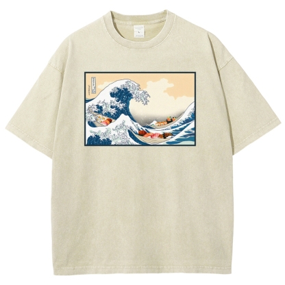 Sushi Ship Wave Ukiyoe Washed Vintage Short Sleeves T-Shirt-moweekender