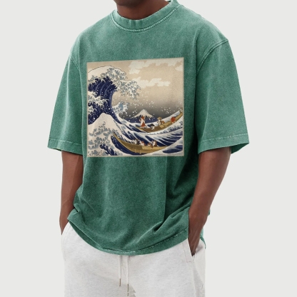 Cat Ship Wave Ukiyoe Washed Vintage Short Sleeves T-Shirt-moweekender