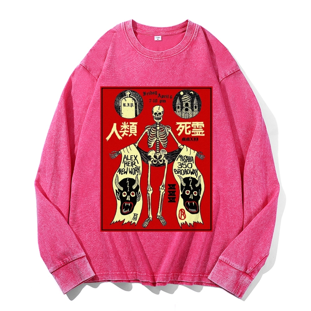 Human Skeleton Deep Washed Vintage Long Sleeves T-Shirt-moweekender