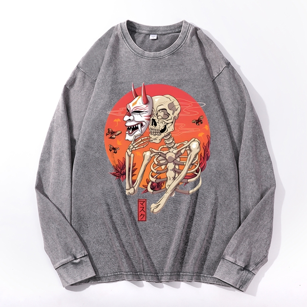 Japanese Skeleton Mask Deep Washed Vintage Long Sleeves T-Shirt-moweekender