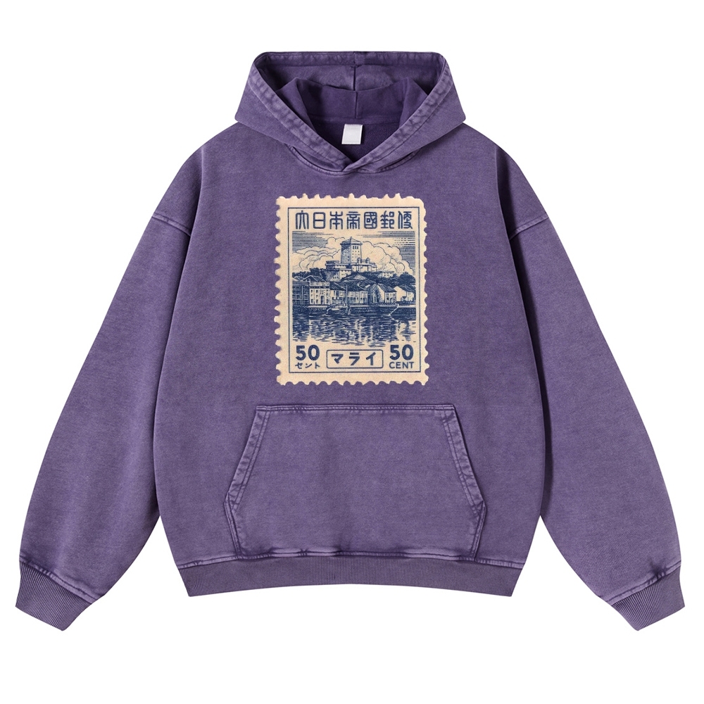 Japan Old Stamp Pattern Vintage Washed Hoodie-moweekender