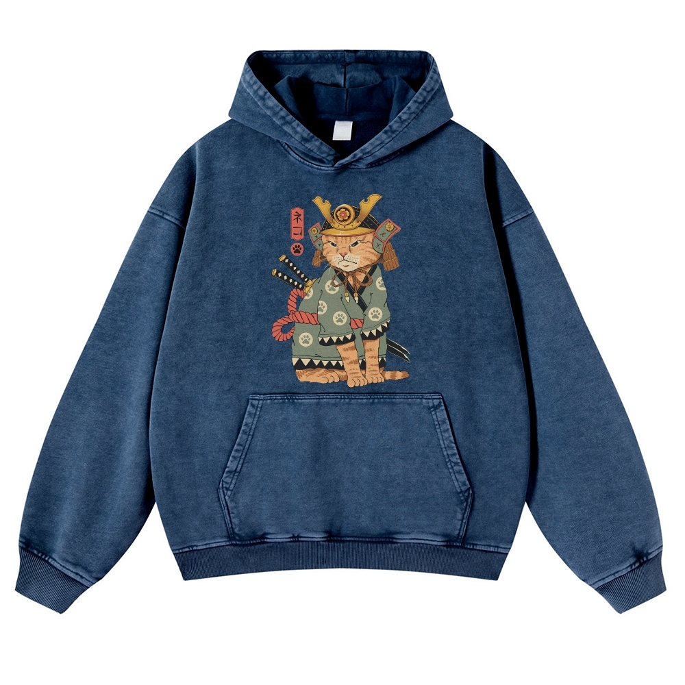 Japanese Warrior Cat Ukiyoe Vintage Washed Hoodie-moweekender