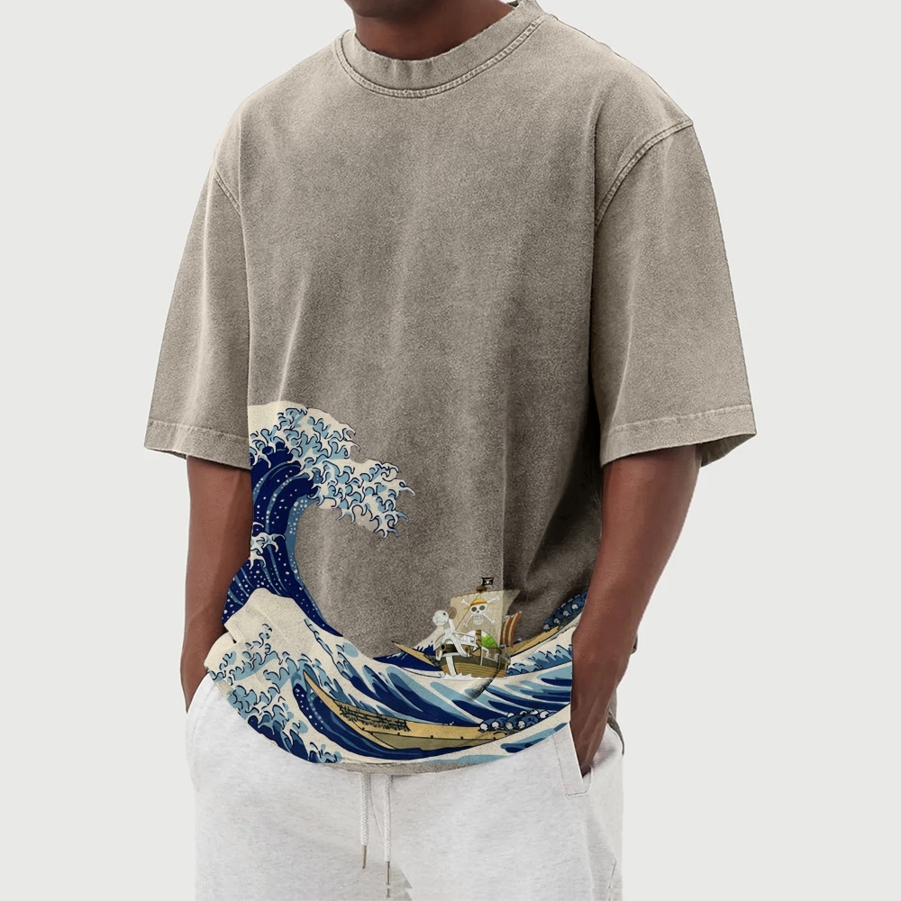 Straw Hat Pirate Ship Washed Vintage Short Sleeves T-Shirt-moweekender