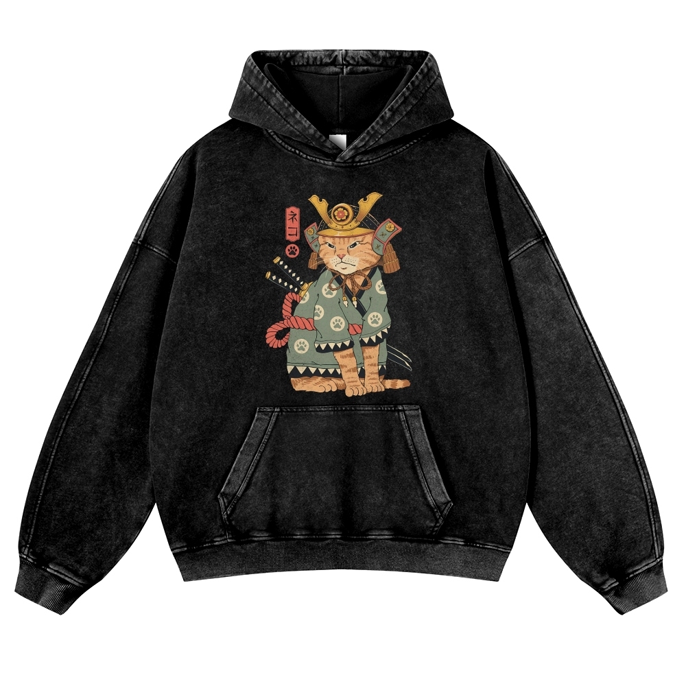 Japanese Warrior Cat Ukiyoe Vintage Washed Hoodie-moweekender