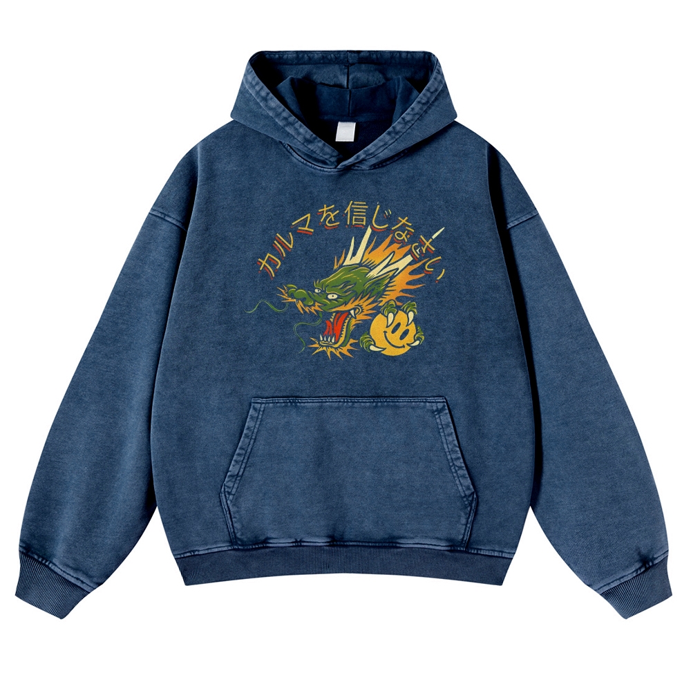 Japanese Dragon Pearl Pattern Vintage Washed Hoodie-moweekender