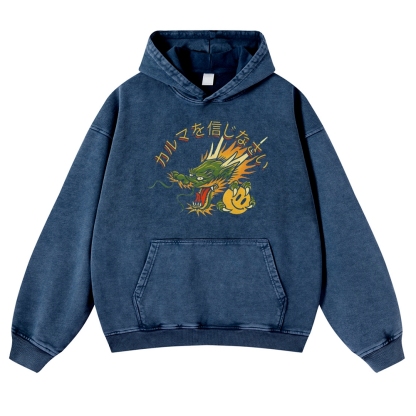 Japanese Dragon Pearl Pattern Vintage Washed Hoodie-moweekender