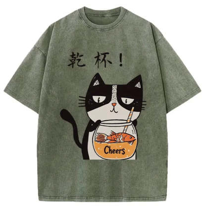 Cat Cheers Washed Vintage T-Shirt-moweekender