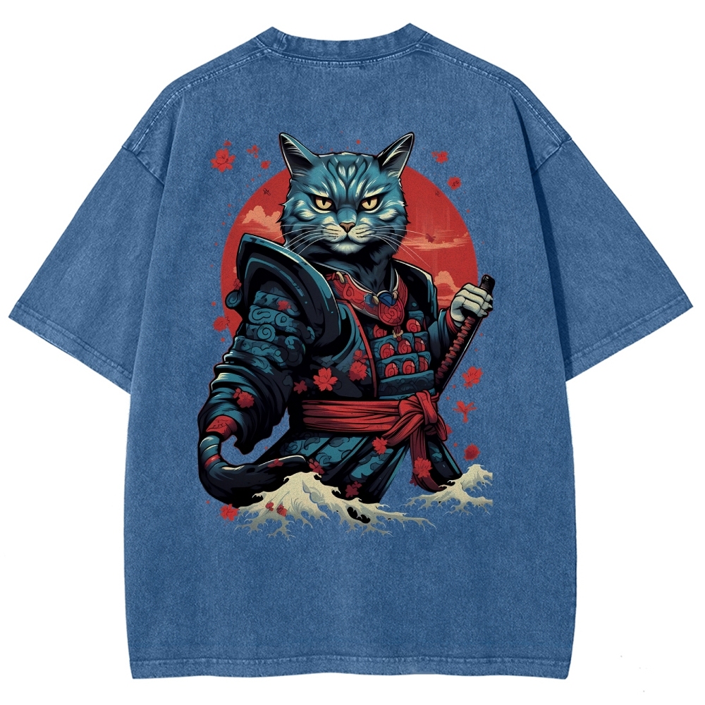Japan Cat Warrior Washed Vintage Short Sleeves T-Shirt-moweekender