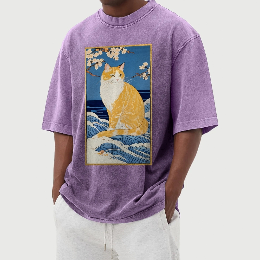 Cat Wave Casual Pattern Washed Vintage Short Sleeves T-Shirt-moweekender