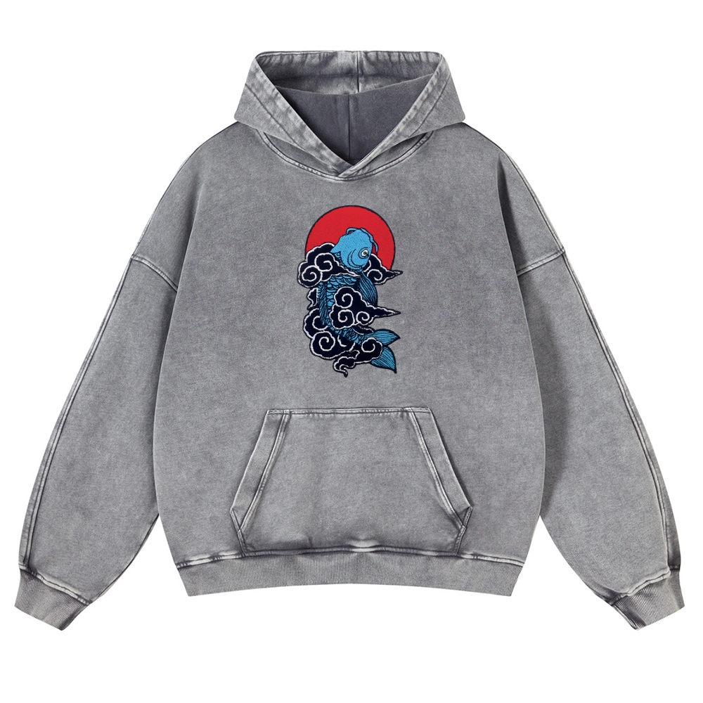 Cloud Carp Ukiyoe Pattern Vintage Washed Hoodie-moweekender