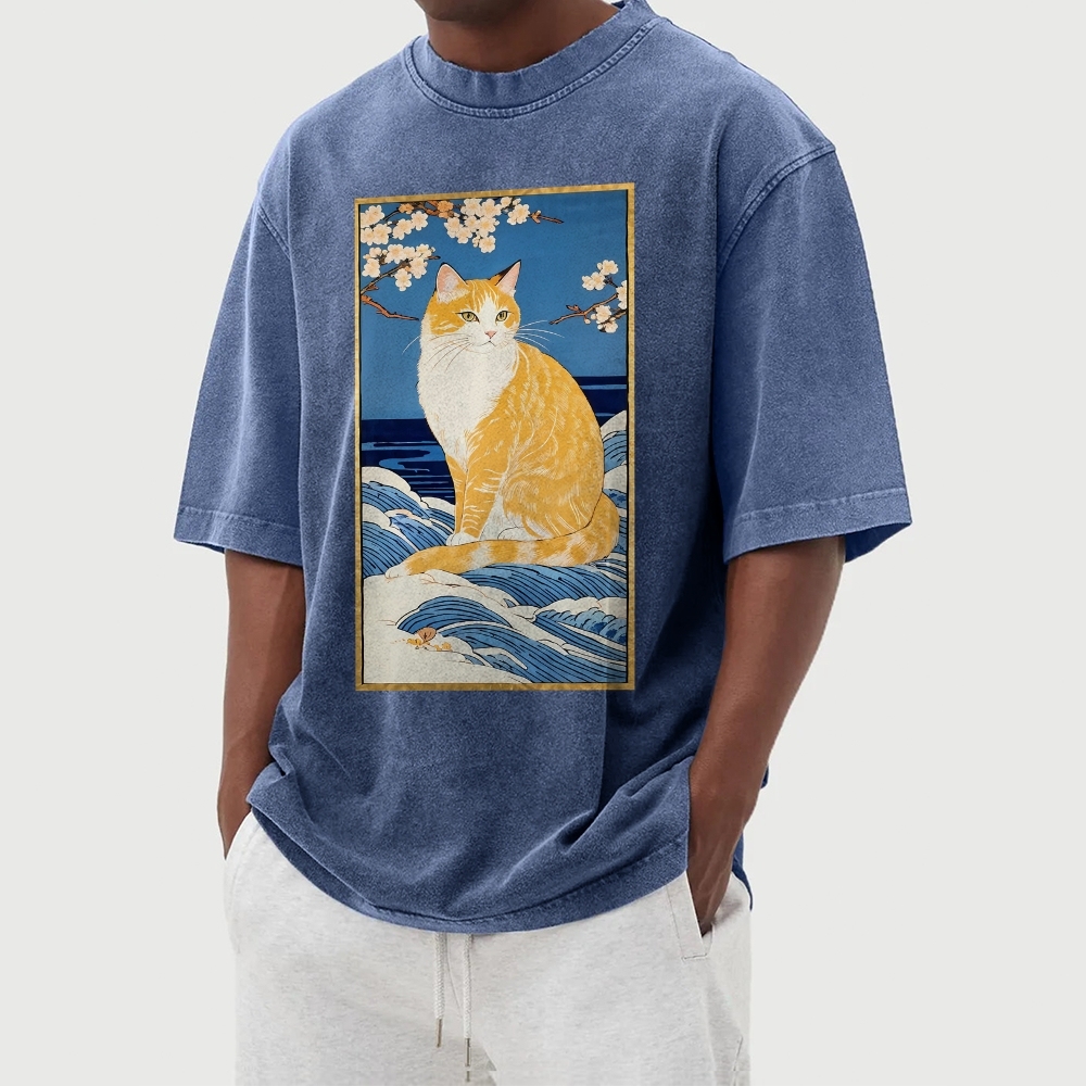 Cat Wave Casual Pattern Washed Vintage Short Sleeves T-Shirt-moweekender