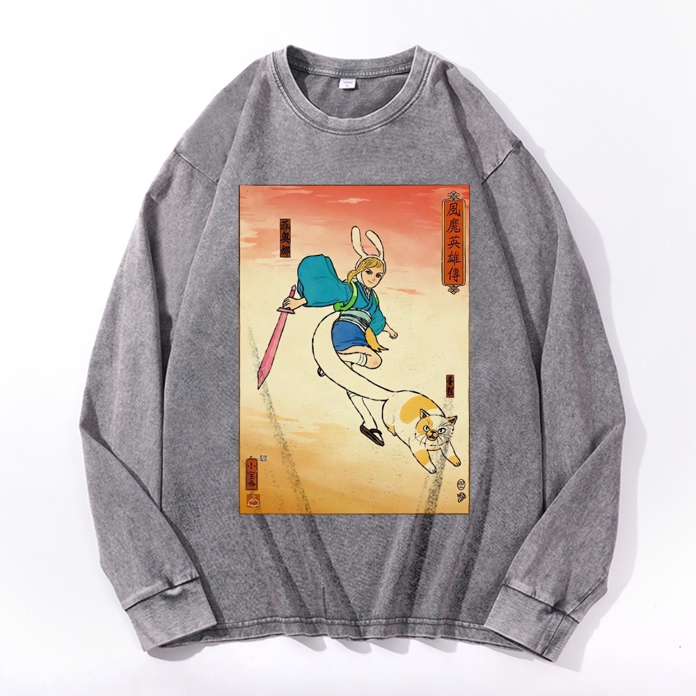 Hero Story Printed Deep Washed Vintage Long Sleeves T-Shirt-moweekender