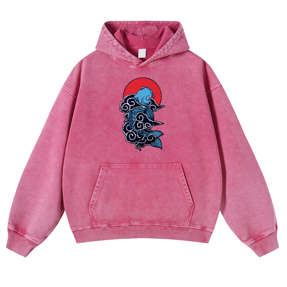 Cloud Carp Ukiyoe Pattern Vintage Washed Hoodie-moweekender