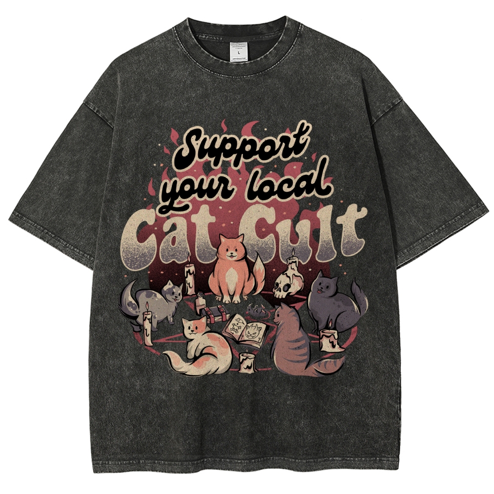 Support Your Local Cat Cult Vintage Snowflake Washed T-Shirt-moweekender