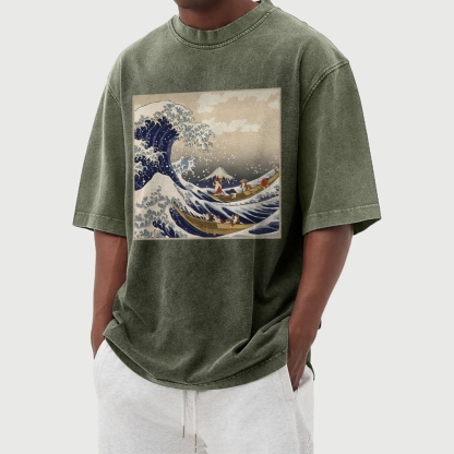 Cat Ship Wave Ukiyoe Washed Vintage Short Sleeves T-Shirt-moweekender