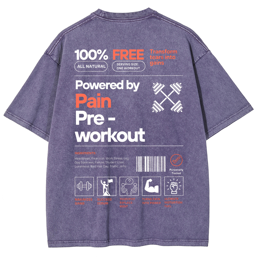 Powered by PainPre-workout Unisex Printed Retro Washed Short Sleeved T-Shirt-moweekender