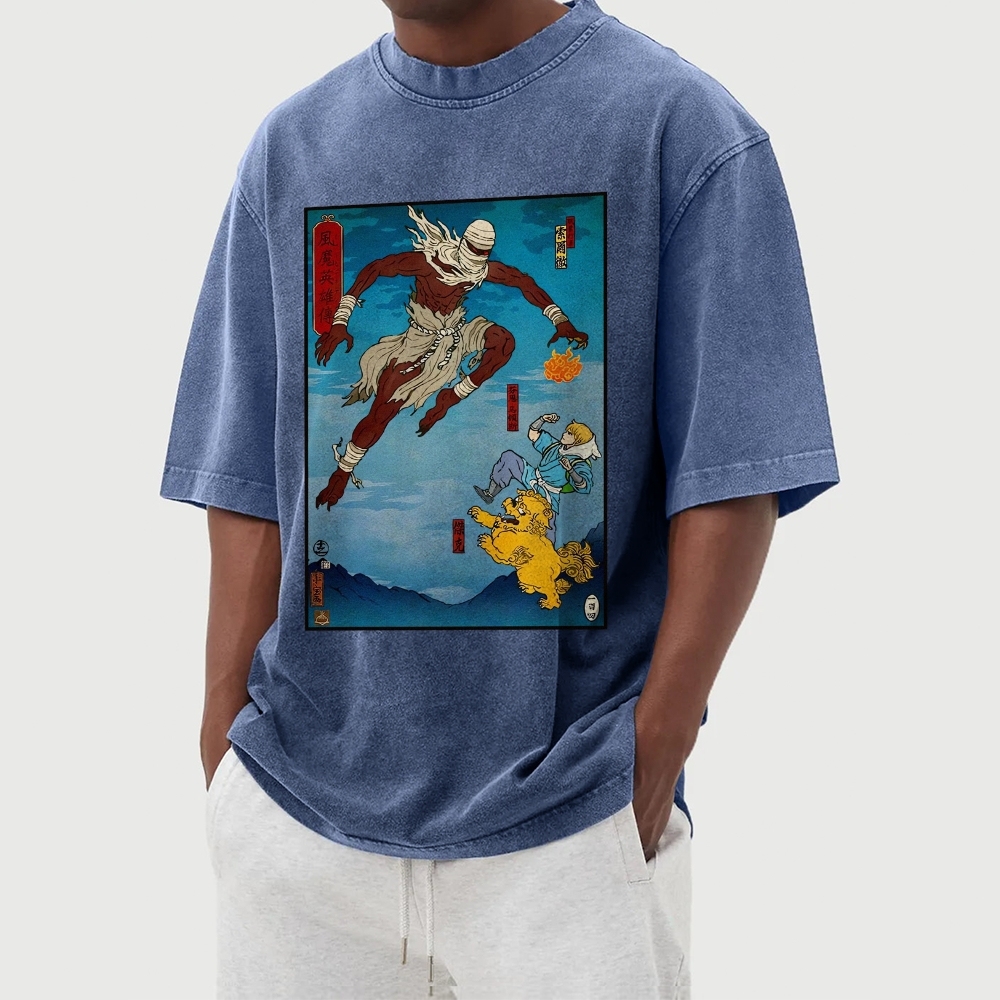 Hero Story Pattern Washed Vintage Short Sleeves T-Shirt-moweekender