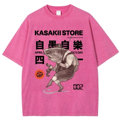 Fishing Shark Man Washed Vintage Short Sleeves T-Shirt-moweekender