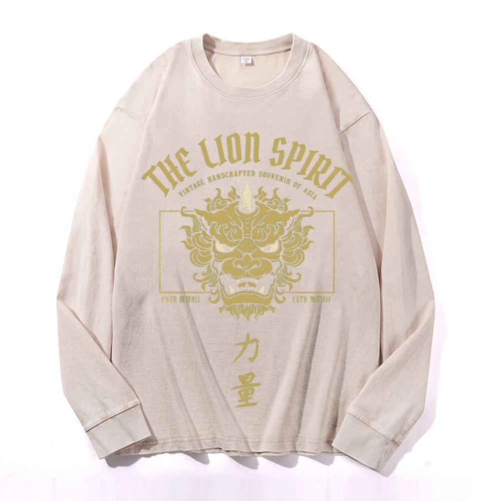Lion Power Pattern Deep Washed Vintage Long Sleeves T-Shirt-moweekender