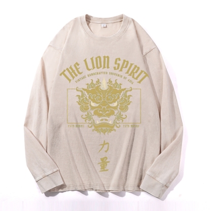 Lion Power Pattern Deep Washed Vintage Long Sleeves T-Shirt-moweekender