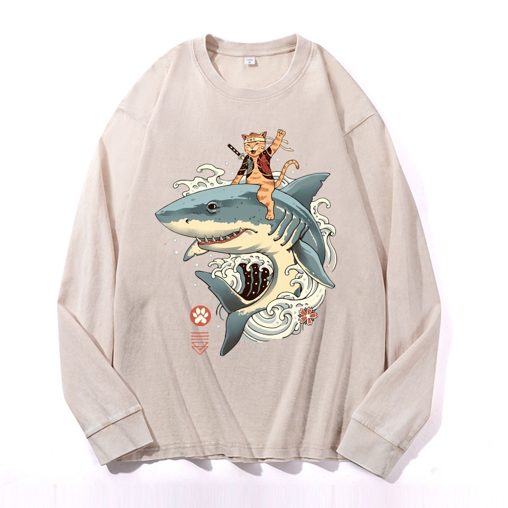 Shark Sushi Cat Ukiyoe Pattern Deep Washed Vintage Long Sleeves T-Shirt-moweekender