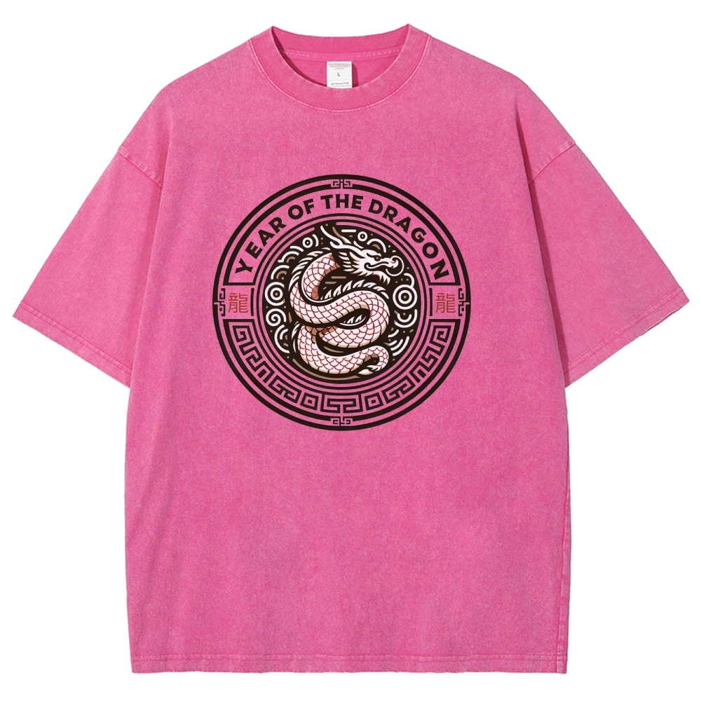 Traditional Dragon Pattern Washed Vintage Short Sleeves T-Shirt-moweekender