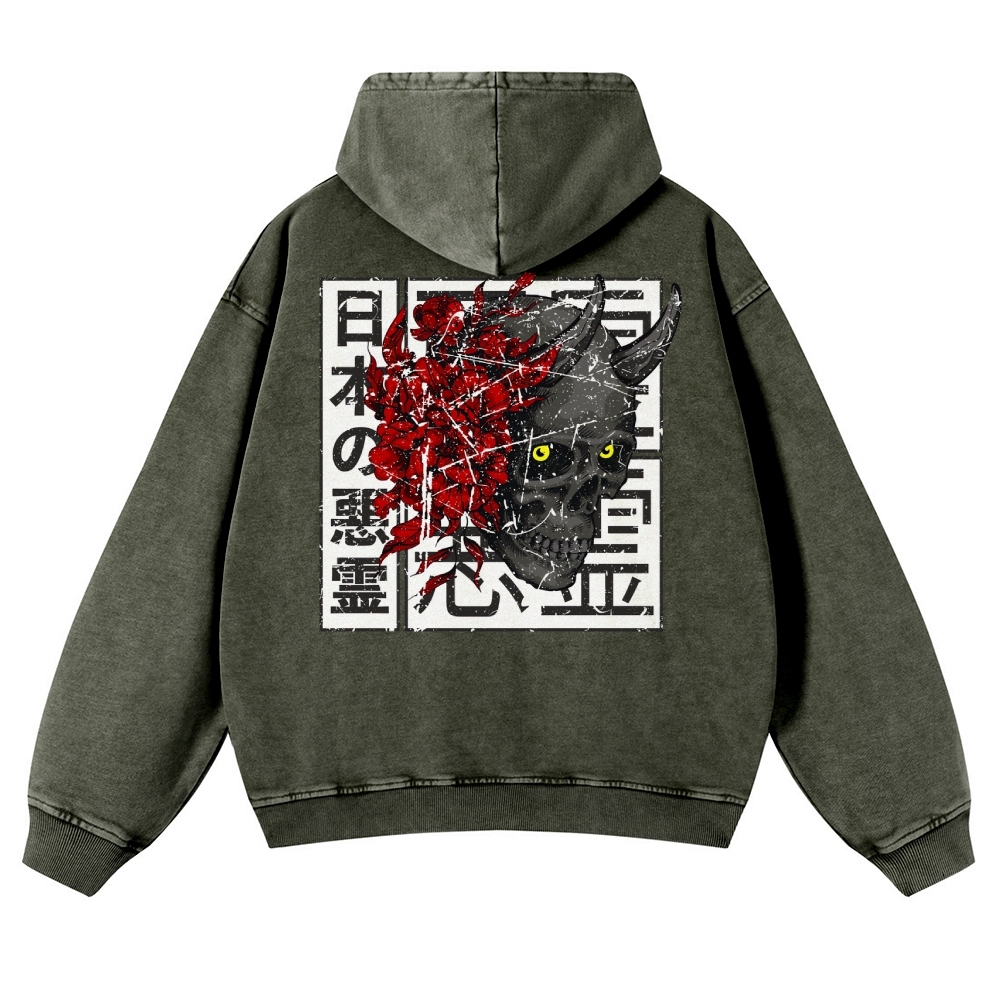 Japanese Ancient Devil Casual Vintage Washed Hoodie-moweekender