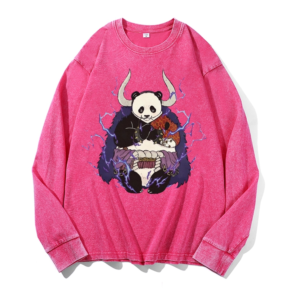 Panda Demon Pattern Deep Washed Vintage Long Sleeves T-Shirt-moweekender