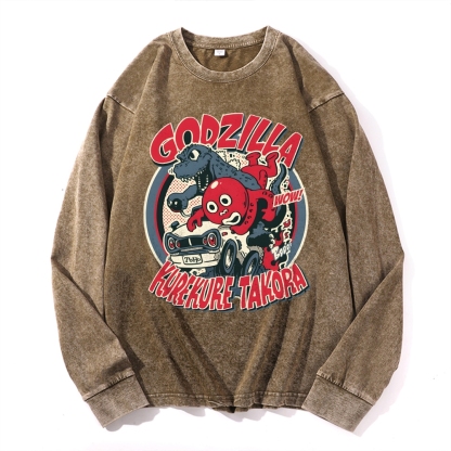 Godzilla Cartoon Pattern Deep Washed Vintage Long Sleeves T-Shirt-moweekender